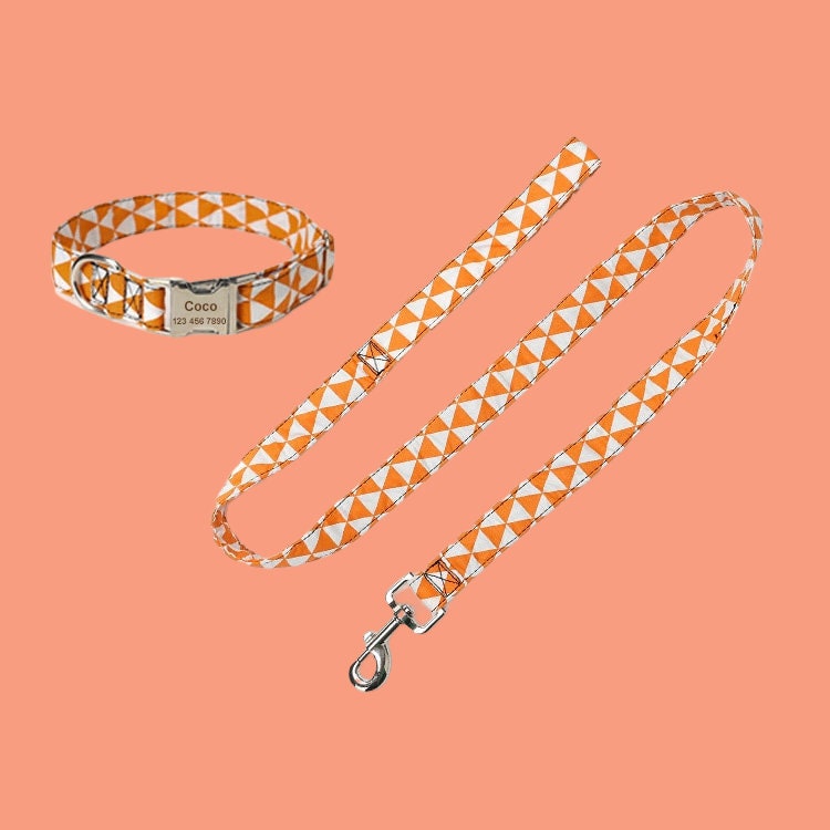 Cotton Personalized Dog Collar and Leash Set, Custom Dog Collars, Engraved Pet Name, Dog Gift