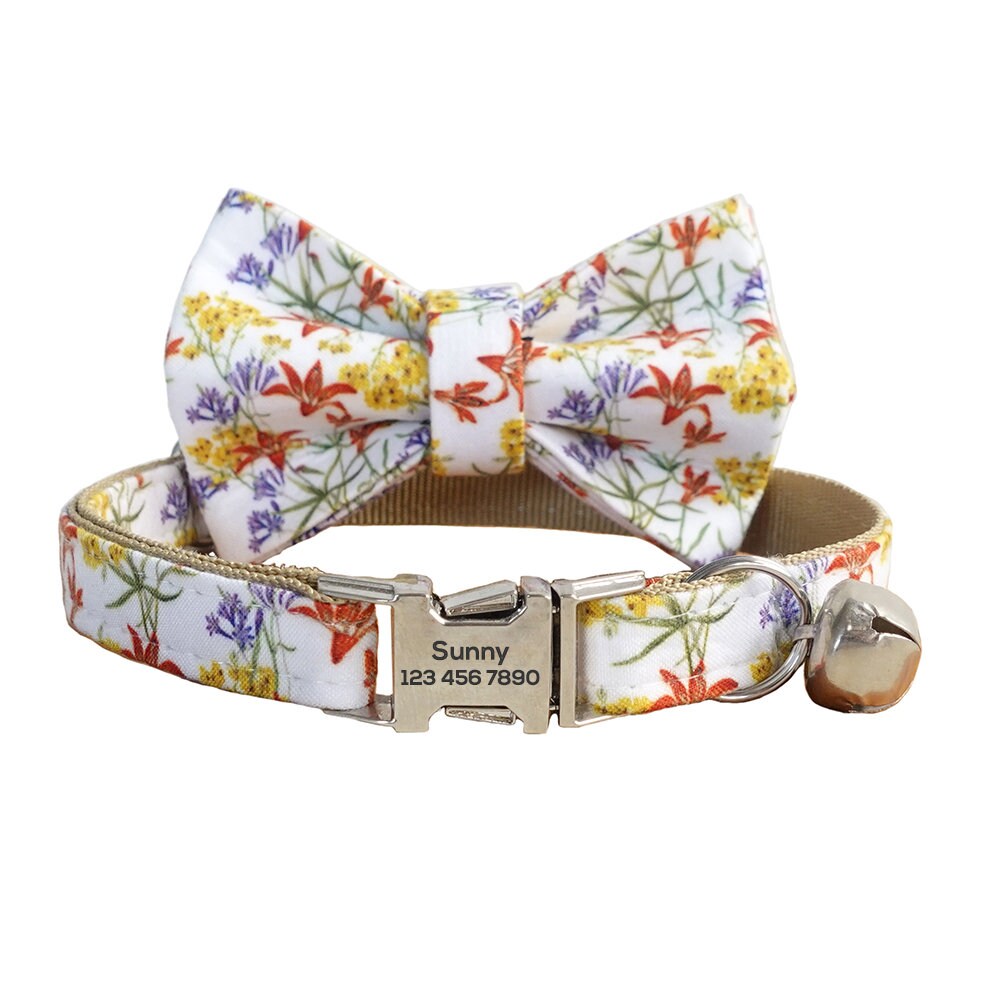 Custom Cat Collar with Bow Tie, Flower Personalized Kitten Collar with Free Bell, Cotton Cat Collar, Cat Gift