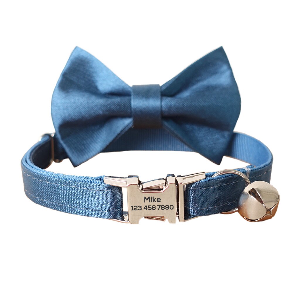 Personalized Cat Collar with Bow Tie, Custom Kitten Collar with Free Removable Bell, Personalised Cotton Boy Cat Collar, Cat Gift