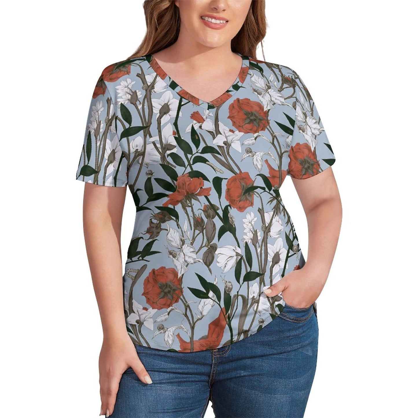Custom V Neck Short-sleeve Women Shirt Printed T-shirt