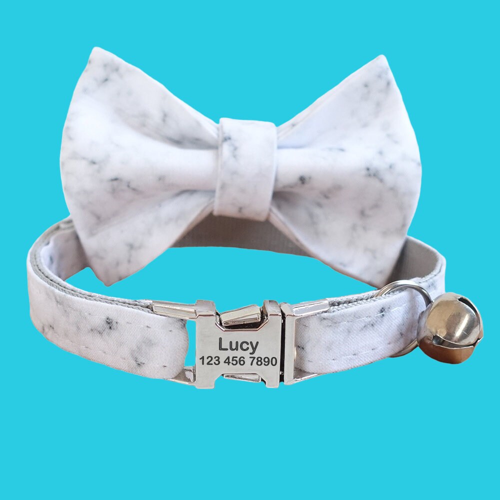 Personalized Cat Collars Bowtie Set, Engraved Kitten Name Tag For Free, Print Adjustable Custom Cat Collar With Bell, Cat Gift