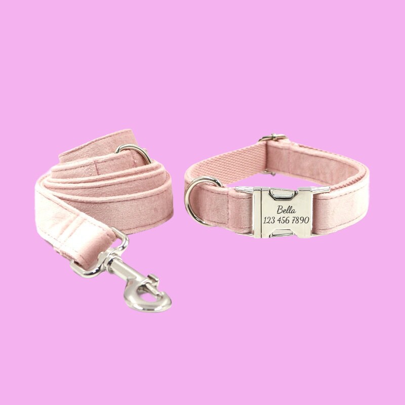 Velvet Personalized Dog Collar With Bow Tie & Leash Set, Engraved Metal Buckle, Custom Puppy Collars with Name and Phone Number, Dog Gift