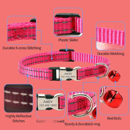 Personalized Cat Collar with Bell - Adjustable Nylon Custom Reflective Cat Collar with Name Tag, Kitten Gift