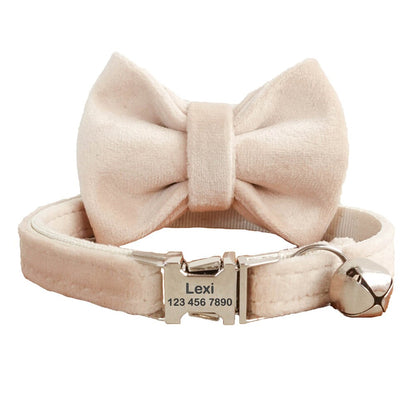 Custom Velvet Cat Collar, Soft Personalized Cat Collar with Bowtie, Adjustable Luxury Soft Kitten Collar, Wedding/Birthday Cat Gift